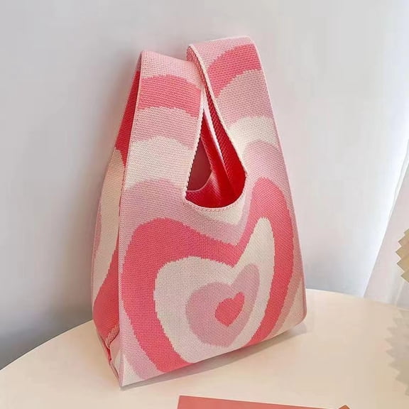 Tote Bag for Women, Knitted Heart Pattern Lunch Bag for Women, Pink