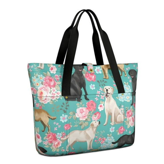 Tote Bag for Women - Labrador Dogs with Flowers Shoulder Bag - Large Utility Work Duffle Bag with Zipper Handbag for Travel, Work, Sprots