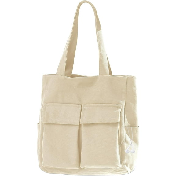 Tote Bag for Women, Large Canvas Bag with Zipper, 6 Pockets Casual Shoulder Handbag for College Work Travel Shopping