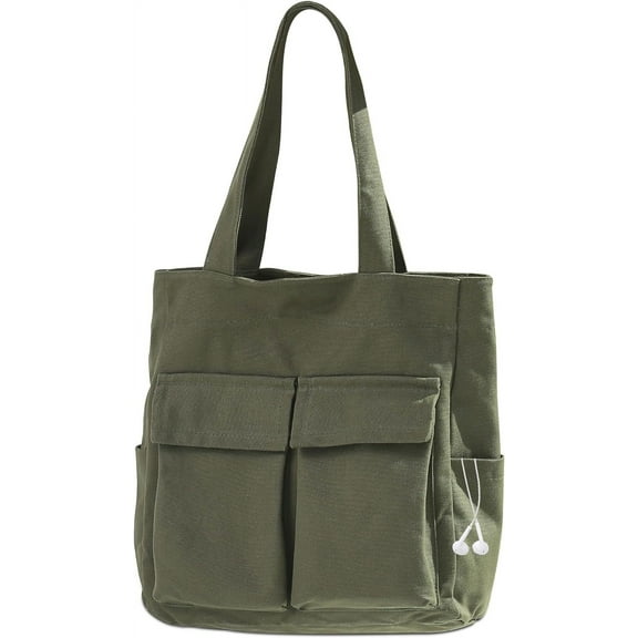 Tote Bag for Women, Large Canvas Bag with Zipper, 6 Pockets Casual Shoulder Handbag for College Work Travel Shopping