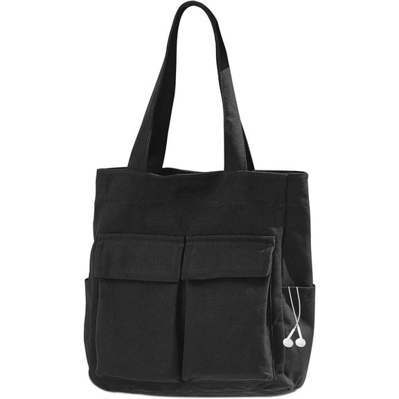 Tote Bag for Women, Large Canvas Bag with Zipper, 6 Pockets Casual Shoulder Handbag for College Work Travel Shopping