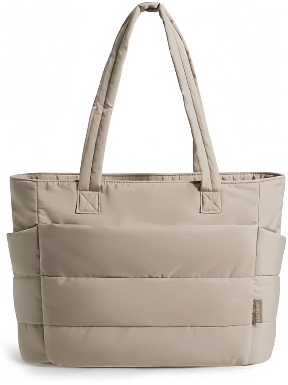 Tote Bag for Women, Lightweight Puffy Tote Bag with Compartments Shoulder Bag Handbag for Work, Travel, Gym, Lightweight, Puffy, Quilted, Khaki