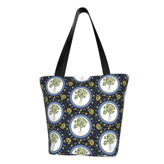 Tote Bag for Women/Men - lemons Sicilian style navyblue Handbags Shoulder Bag Zipper Closure Shopping Travel Gym Toy Bag Beach Bag