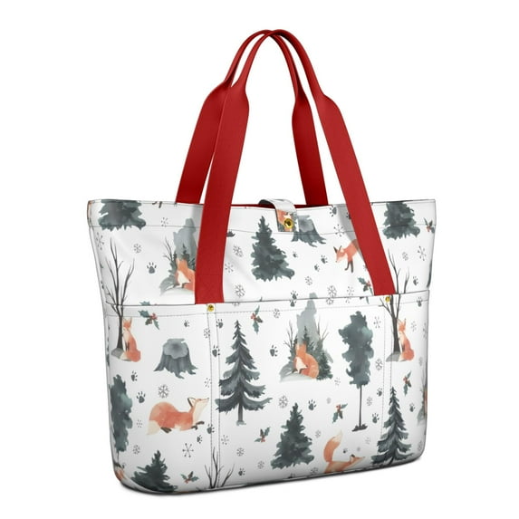 Tote Bag for Women - Multicolor Christmas Forest Pattern Shoulder Bag - Large Utility Work Duffle Bag with Zipper Handbag for Travel, Work, Sprots