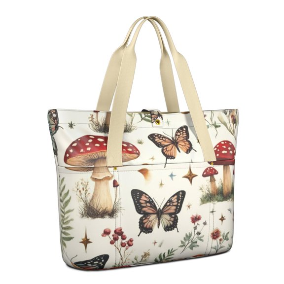 Tote Bag for Women - Mushroom and Butterfly Shoulder Bag - Large Utility Work Duffle Bag with Zipper Handbag for Travel, Work, Sprots