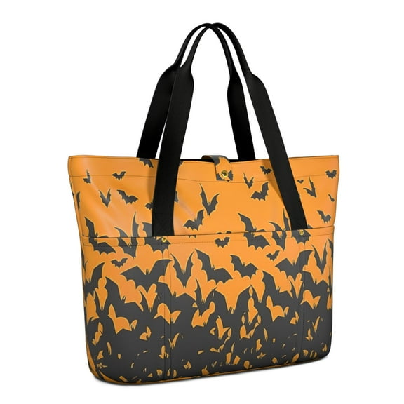 Tote Bag for Women - Orange Halloween Bats Shoulder Bag - Large Utility Work Duffle Bag with Zipper Handbag for Travel, Work, Sprots