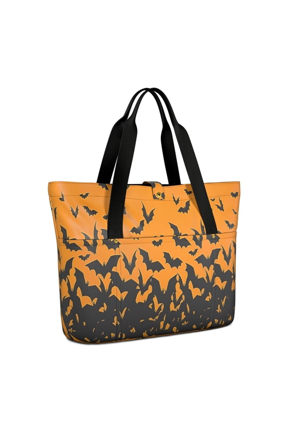 Tote Bag for Women - Orange Halloween Bats Shoulder Bag - Large Utility Work Duffle Bag with Zipper Handbag for Travel, Work, Sprots
