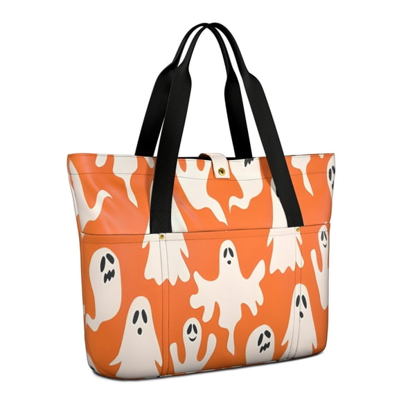 Tote Bag for Women - Orange Halloween Ghosts Shoulder Bag - Large Utility Work Duffle Bag with Zipper Handbag for Travel, Work, Sprots