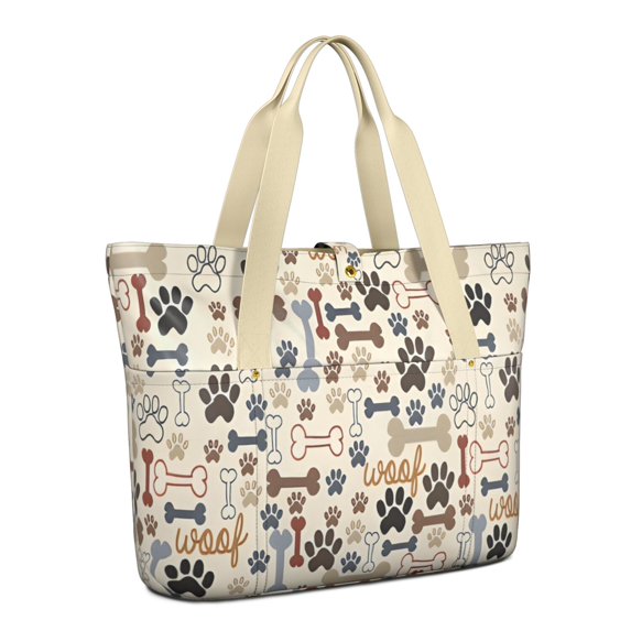 Tote Bag for Women - Paw Prints and Bones Shoulder Bag - Large Utility Work Duffle Bag with Zipper Handbag for Travel, Work, Sprots