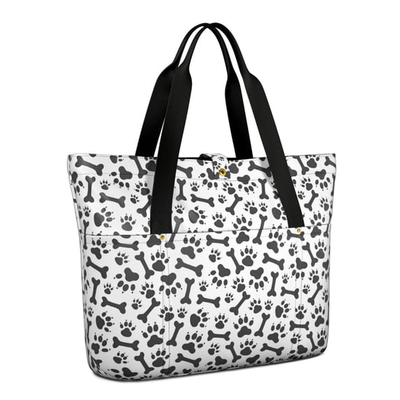Tote Bag for Women - Paw Prints and Bones Shoulder Bag - Large Utility Work Duffle Bag with Zipper Handbag for Travel, Work, Sprots