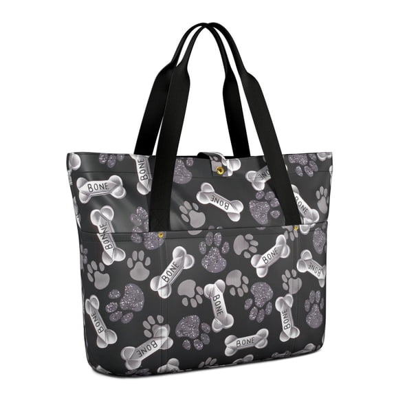 Tote Bag for Women - Paw Prints and Bones Shoulder Bag - Large Utility Work Duffle Bag with Zipper Handbag for Travel, Work, Sprots