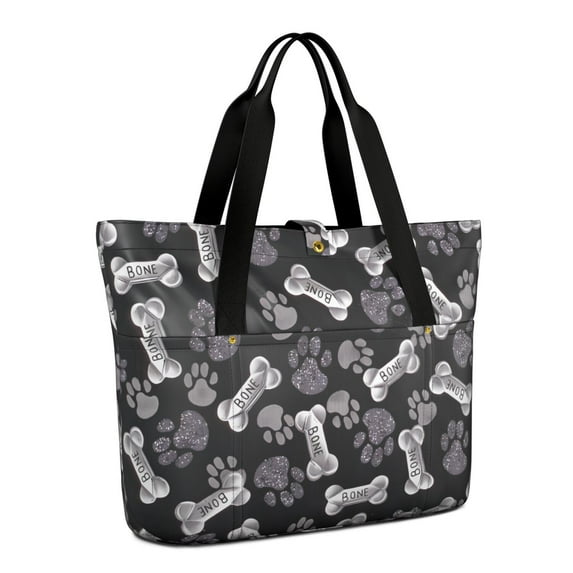Tote Bag for Women - Paw Prints and Bones Shoulder Bag - Large Utility Work Duffle Bag with Zipper Handbag for Travel, Work, Sprots