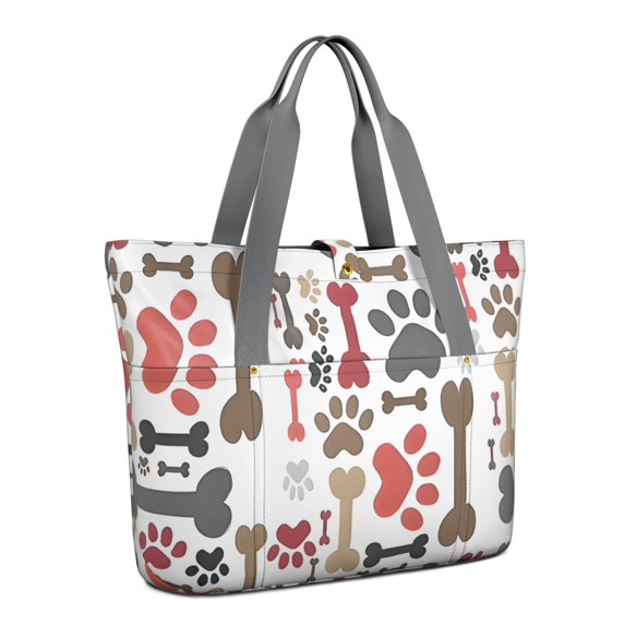 Tote Bag for Women - Paw Prints and Bones Shoulder Bag - Large Utility Work Duffle Bag with Zipper Handbag for Travel, Work, Sprots