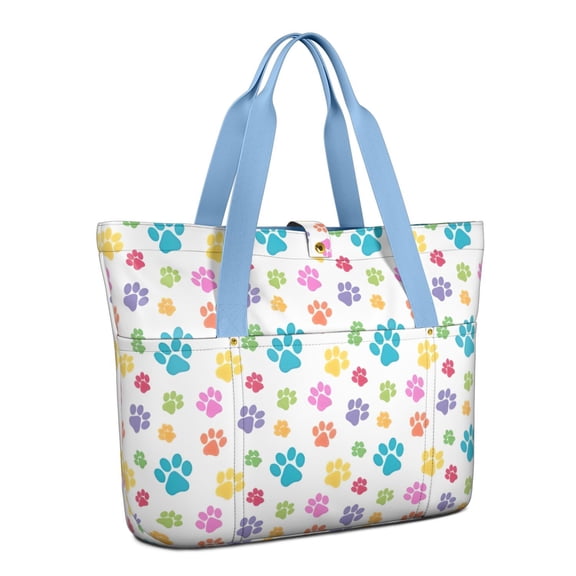 Tote Bag for Women - Pets Paws Print Colorful Shoulder Bag - Large Utility Work Duffle Bag with Zipper Handbag for Travel, Work, Sprots