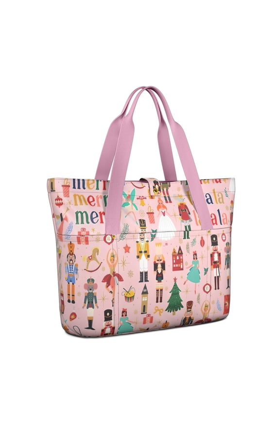Tote Bag for Women - Pink Christmas Nutcracker Pattern Shoulder Bag - Large Utility Work Duffle Bag with Zipper Handbag for Travel, Work, Sprots