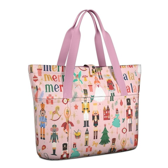 Tote Bag for Women - Pink Christmas Nutcracker Pattern Shoulder Bag - Large Utility Work Duffle Bag with Zipper Handbag for Travel, Work, Sprots