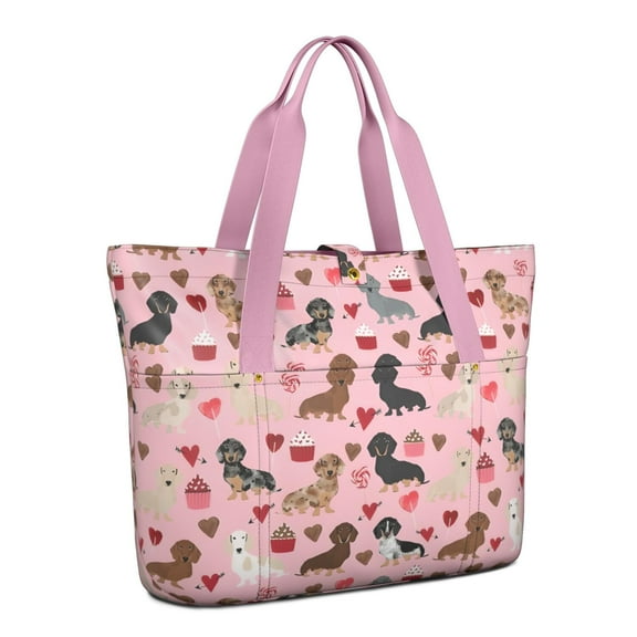 Tote Bag for Women - Pink Cute Dachshund Dog and Love Heart Shoulder Bag - Large Utility Work Duffle Bag with Zipper Handbag for Travel, Work, Sprots