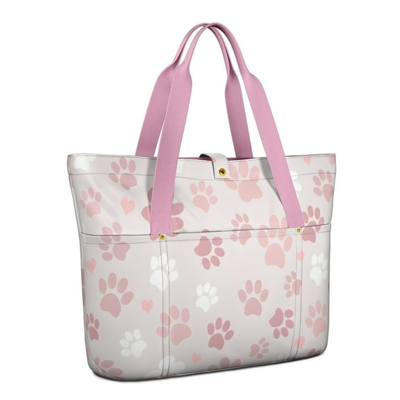 Tote Bag for Women - Pink Dog Paw Shoulder Bag - Large Utility Work Duffle Bag with Zipper Handbag for Travel, Work, Sprots