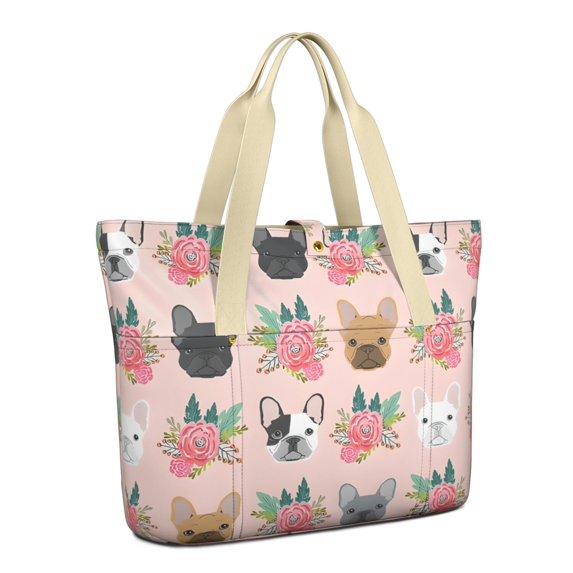 Tote Bag for Women - Pink French Bulldog Flowers Florals Shoulder Bag - Large Utility Work Duffle Bag with Zipper Handbag for Travel, Work, Sprots