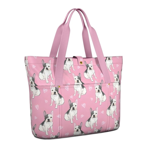 Tote Bag for Women - Pink French Bulldog Love Heart Shoulder Bag - Large Utility Work Duffle Bag with Zipper Handbag for Travel, Work, Sprots
