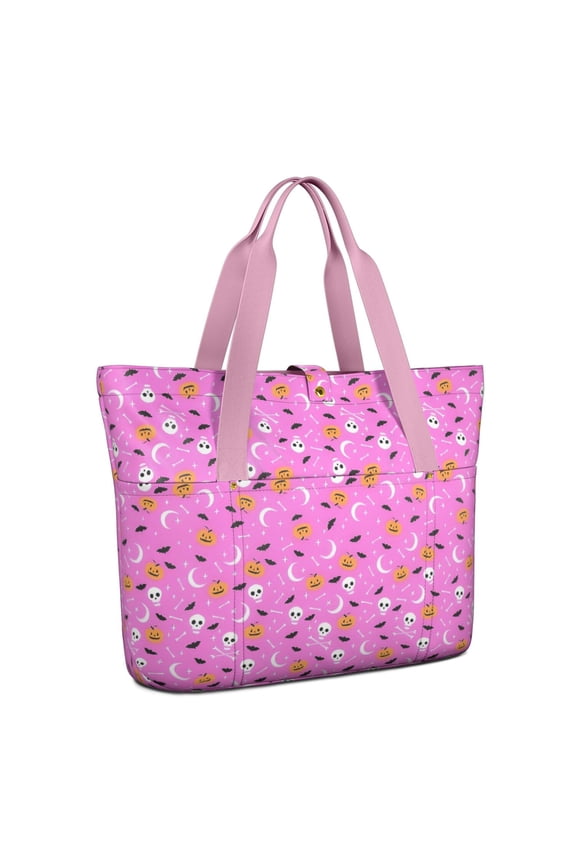 Tote Bag for Women - Pink Halloween Pattern Shoulder Bag - Large Utility Work Duffle Bag with Zipper Handbag for Travel, Work, Sprots