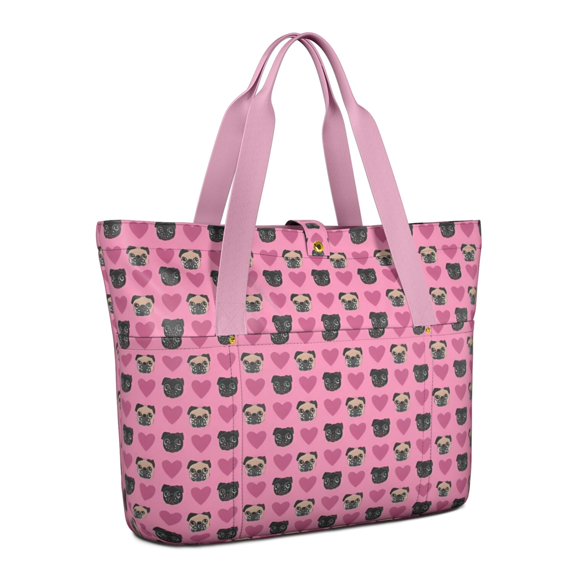 Tote Bag for Women - Pink Pug Puppies Shoulder Bag - Large Utility Work Duffle Bag with Zipper Handbag for Travel, Work, Sprots