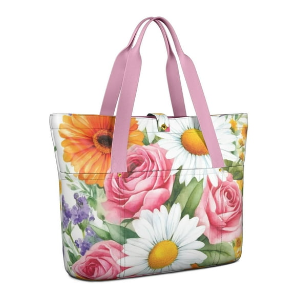 Tote Bag for Women - Pioneer Flower Shoulder Bag - Large Utility Work Duffle Bag with Zipper Handbag for Travel, Work, Sprots