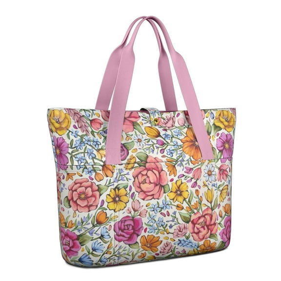 Tote Bag for Women - Pioneer Flower Shoulder Bag - Large Utility Work Duffle Bag with Zipper Handbag for Travel, Work, Sprots