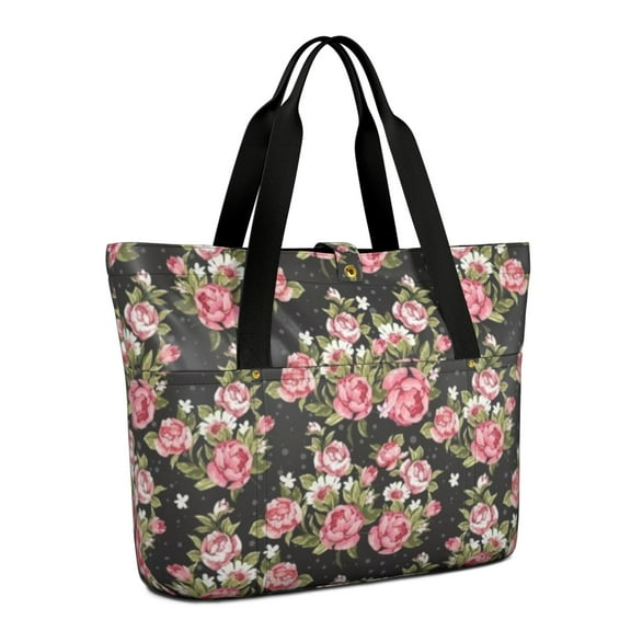 Tote Bag for Women - Pioneer Flower Shoulder Bag - Large Utility Work Duffle Bag with Zipper Handbag for Travel, Work, Sprots