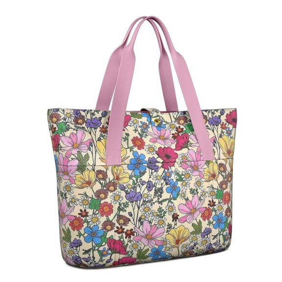 Tote Bag for Women - Pioneer Flower Shoulder Bag - Large Utility Work Duffle Bag with Zipper Handbag for Travel, Work, Sprots