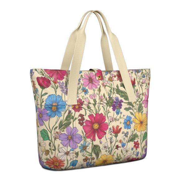 Tote Bag for Women - Pioneer Flower Shoulder Bag - Large Utility Work Duffle Bag with Zipper Handbag for Travel, Work, Sprots