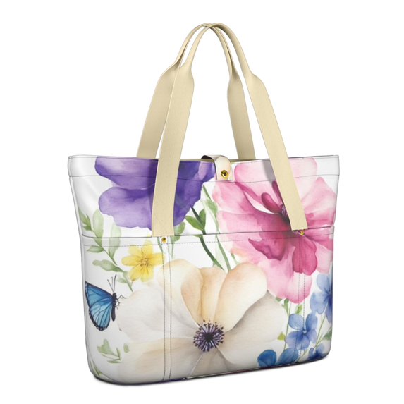 Tote Bag for Women - Pioneer Flower Shoulder Bag - Large Utility Work Duffle Bag with Zipper Handbag for Travel, Work, Sprots