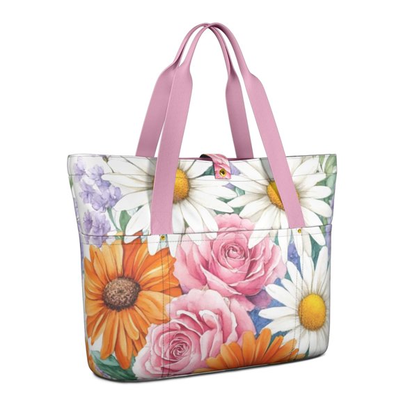Tote Bag for Women - Pioneer Flower Shoulder Bag - Large Utility Work Duffle Bag with Zipper Handbag for Travel, Work, Sprots