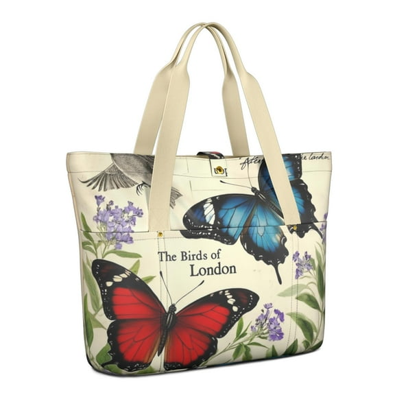 Tote Bag for Women - Pioneer Flower and Butterfly Shoulder Bag - Large Utility Work Duffle Bag with Zipper Handbag for Travel, Work, Sprots