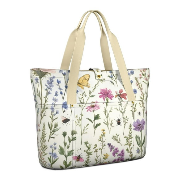 Tote Bag for Women - Pioneer Flower and Butterfly Shoulder Bag - Large Utility Work Duffle Bag with Zipper Handbag for Travel, Work, Sprots