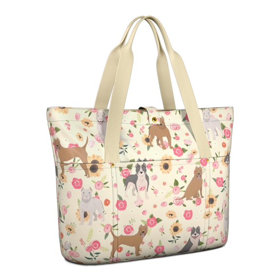 Tote Bag for Women - Pitbull Dog and Flower Floral Shoulder Bag - Large Utility Work Duffle Bag with Zipper Handbag for Travel, Work, Sprots