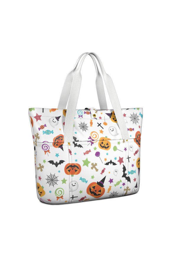 Tote Bag for Women - Playful Halloween Icons Pattern Shoulder Bag - Large Utility Work Duffle Bag with Zipper Handbag for Travel, Work, Sprots