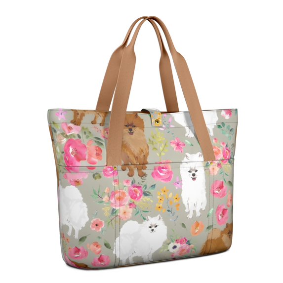 Tote Bag for Women - Pomeranian Dog and Flower Floral Shoulder Bag - Large Utility Work Duffle Bag with Zipper Handbag for Travel, Work, Sprots