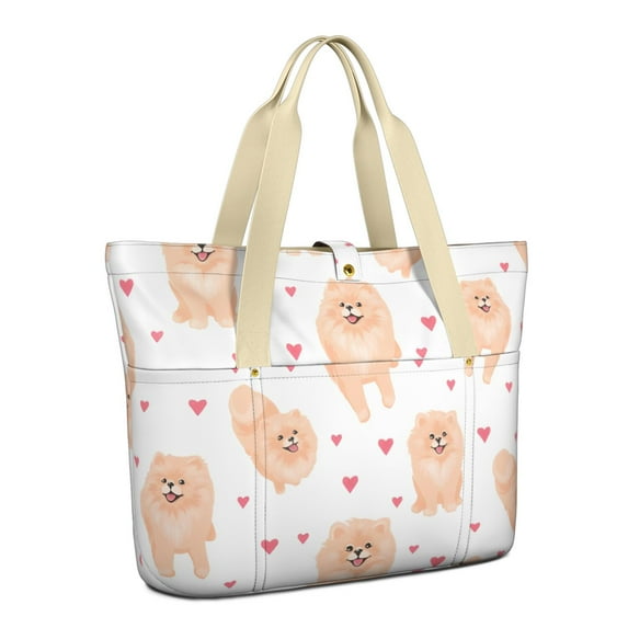 Tote Bag for Women - Pomeranian Dogs with Hearts Shoulder Bag - Large Utility Work Duffle Bag with Zipper Handbag for Travel, Work, Sprots