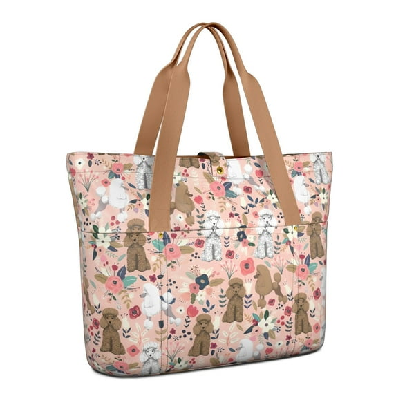 Tote Bag for Women - Poodle Dog and Flower Floral Shoulder Bag - Large Utility Work Duffle Bag with Zipper Handbag for Travel, Work, Sprots