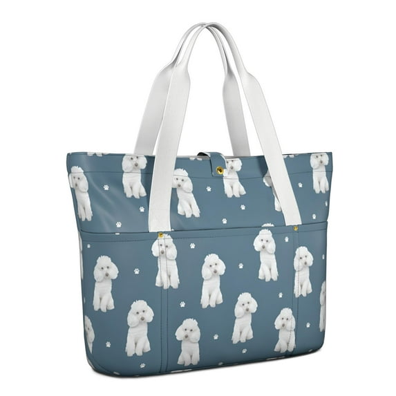 Tote Bag for Women - Poodle Dog and Footprint Shoulder Bag - Large Utility Work Duffle Bag with Zipper Handbag for Travel, Work, Sprots