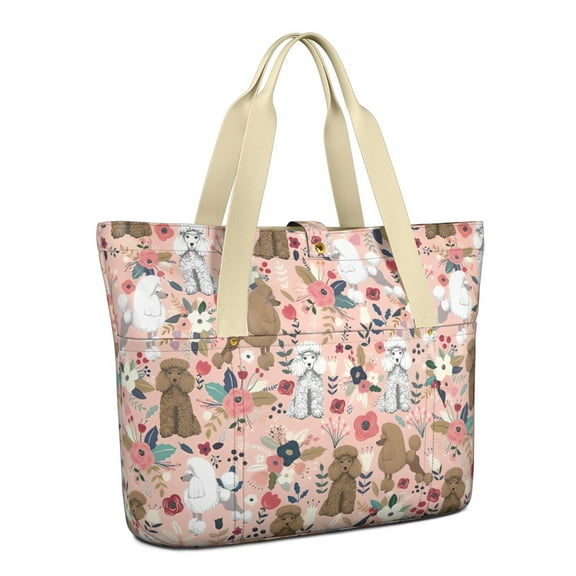 Tote Bag for Women - Poodle and Flowers Floral Shoulder Bag - Large Utility Work Duffle Bag with Zipper Handbag for Travel, Work, Sprots