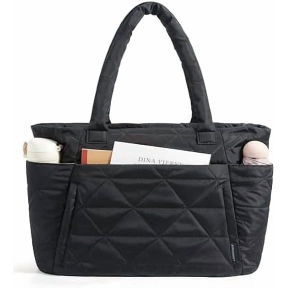 Tote Bag for Women, Puffy Tote Bag with Zipper, Large Quilted Shoulder Bag with Compartments for Travel, Work, Gym
