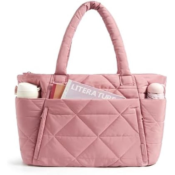 Tote Bag for Women, Puffy Tote Bag with Zipper, Large Quilted Shoulder Bag with Compartments for Travel, Work, Gym