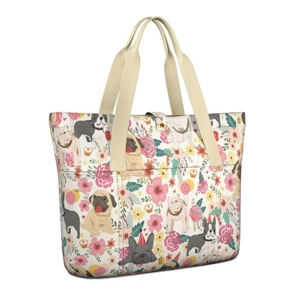 Tote Bag for Women - Pug Dogs with Flowers Shoulder Bag - Large Utility Work Duffle Bag with Zipper Handbag for Travel, Work, Sprots