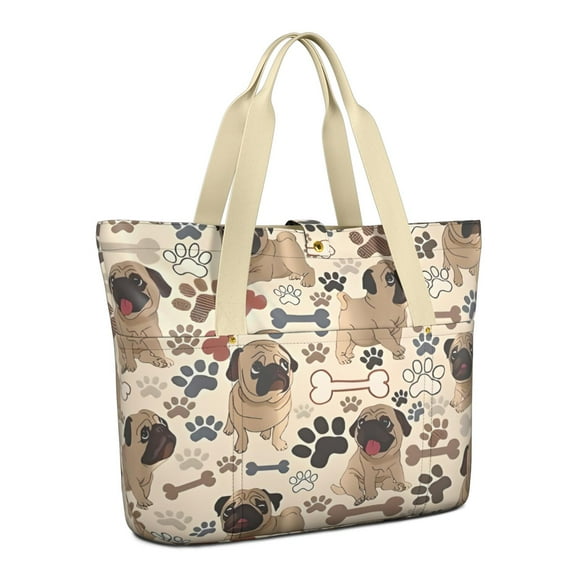 Tote Bag for Women - Pug and Footprint Shoulder Bag - Large Utility Work Duffle Bag with Zipper Handbag for Travel, Work, Sprots