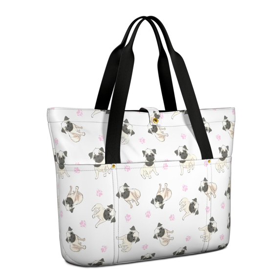 Tote Bag for Women - Pug and Footprints Shoulder Bag - Large Utility Work Duffle Bag with Zipper Handbag for Travel, Work, Sprots