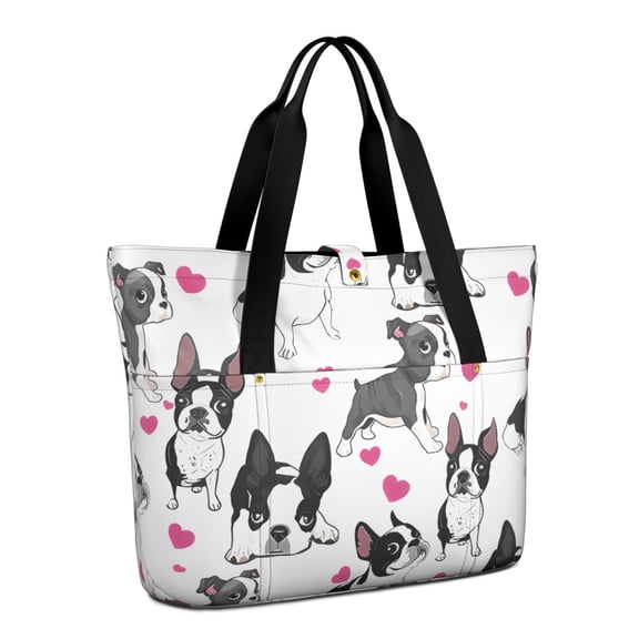Tote Bag for Women - Pug and Love Heart Shoulder Bag - Large Utility Work Duffle Bag with Zipper Handbag for Travel, Work, Sprots