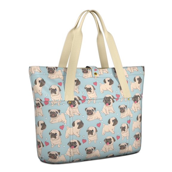 Tote Bag for Women - Pug and Love Heart Shoulder Bag - Large Utility Work Duffle Bag with Zipper Handbag for Travel, Work, Sprots
