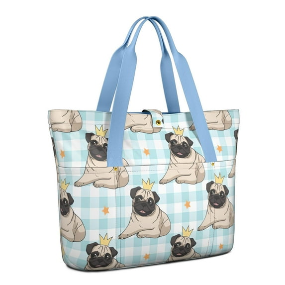 Tote Bag for Women - Pug with Crown Shoulder Bag - Large Utility Work Duffle Bag with Zipper Handbag for Travel, Work, Sprots